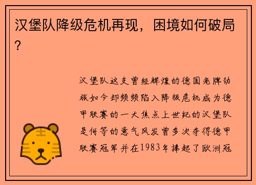 汉堡队降级危机再现，困境如何破局？
