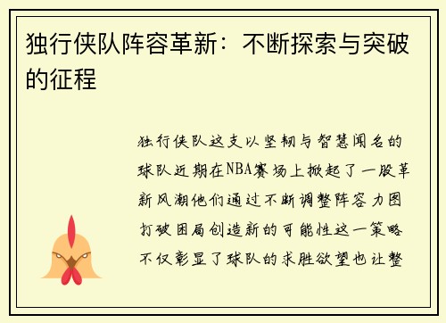 独行侠队阵容革新：不断探索与突破的征程