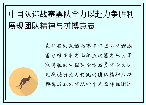 中国队迎战塞黑队全力以赴力争胜利展现团队精神与拼搏意志