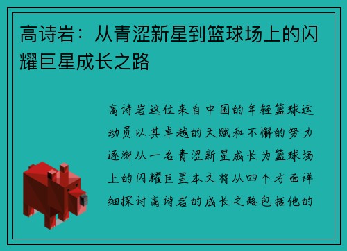 高诗岩：从青涩新星到篮球场上的闪耀巨星成长之路