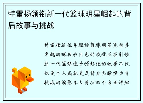 特雷杨领衔新一代篮球明星崛起的背后故事与挑战