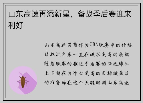 山东高速再添新星，备战季后赛迎来利好