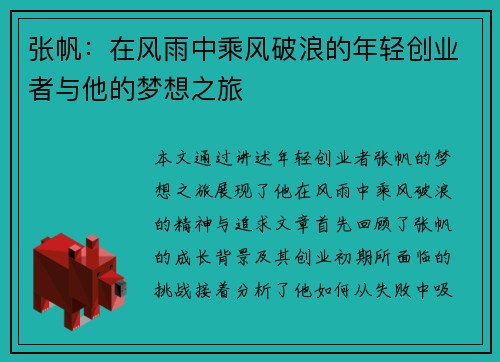 张帆：在风雨中乘风破浪的年轻创业者与他的梦想之旅