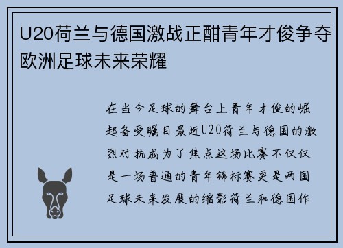 U20荷兰与德国激战正酣青年才俊争夺欧洲足球未来荣耀