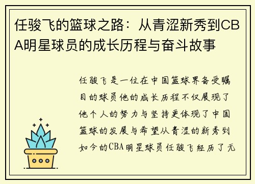 任骏飞的篮球之路：从青涩新秀到CBA明星球员的成长历程与奋斗故事