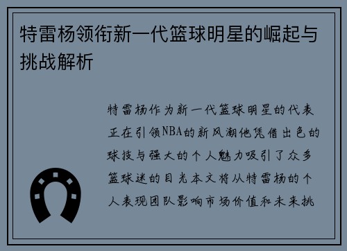 特雷杨领衔新一代篮球明星的崛起与挑战解析