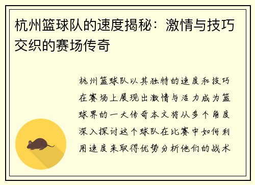 杭州篮球队的速度揭秘：激情与技巧交织的赛场传奇