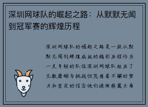 深圳网球队的崛起之路：从默默无闻到冠军赛的辉煌历程