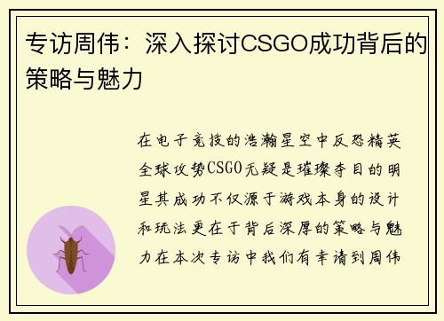 专访周伟：深入探讨CSGO成功背后的策略与魅力